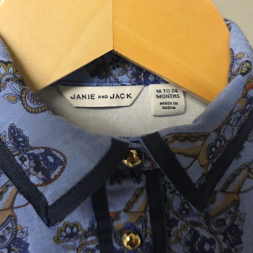 Janie and Jack Horse Print Dress Girls 18-24 Months Blue Equestrian Paisley Prep
